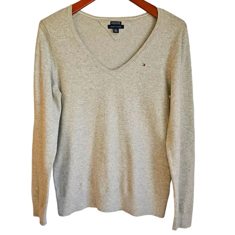 Tommy Hilfiger Grey Pima V-Neck Preppy Heritage Academia Logo Pullover Sweater